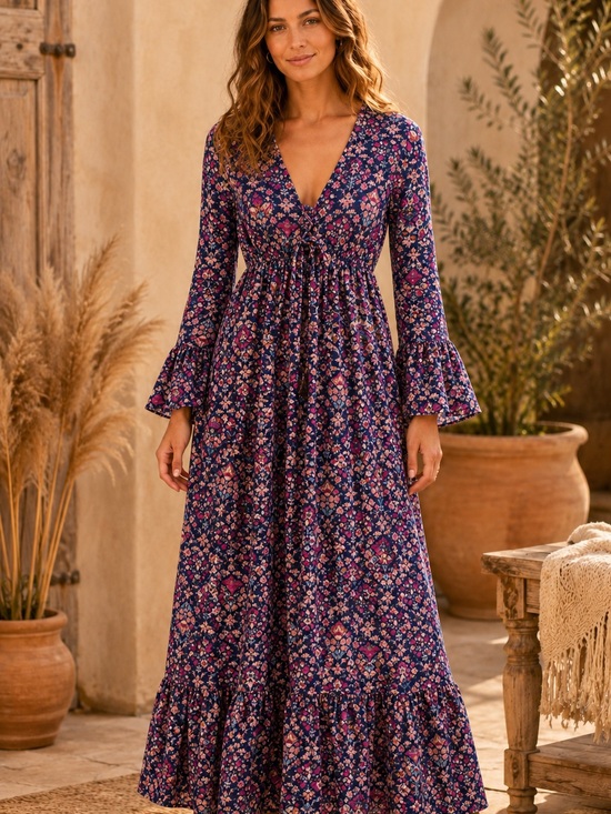 Anthropologie Dresses & Skirts - Anthropologie Boemo Floral V-Neck Long Sleeve Maxi Dress in Purple Cottagecore M